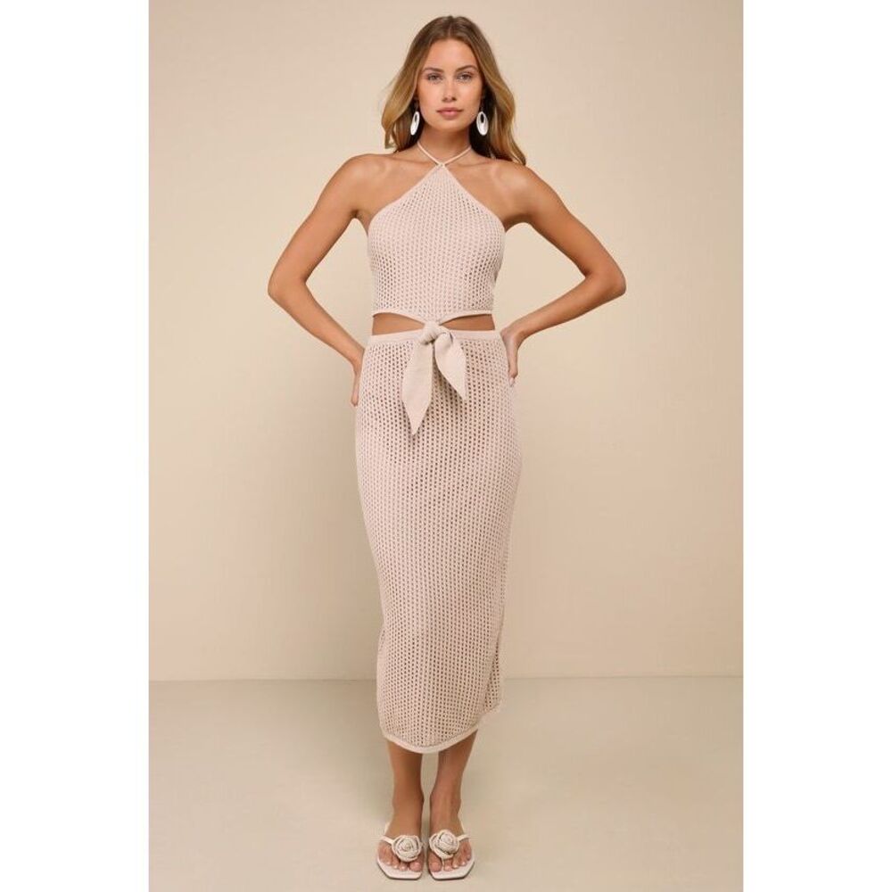 Lulus Sunny Serenity Beige Crochet Cutout Halter Midi Dress - Size S
